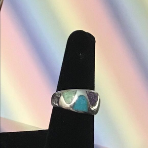 Vintage‎ Inlaid Gemstone Ring in 925 SS